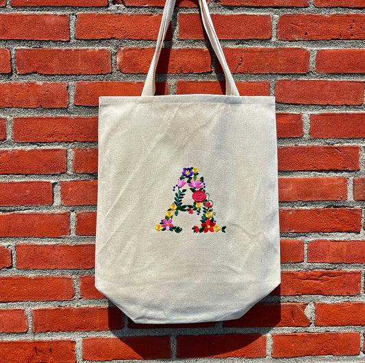 Embroidered Flower Initial Canvas Tote